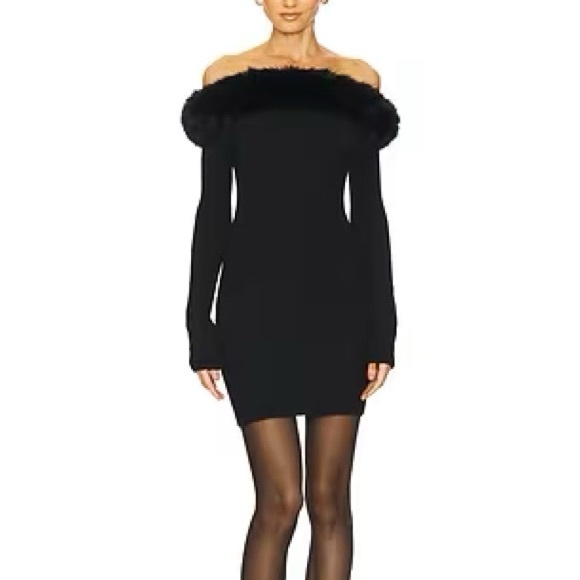Loba Loana Black Off-Shoulder Sweater Mini Dress w/Faux Fur